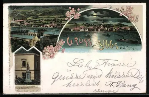 Lithographie Ybbs a. d. Donau, Flusspartie bei Nacht, Kaiser-Josef-Denkmal