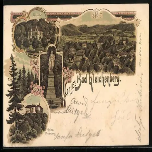 Lithographie Bad Gleichenberg, Hotel Gundenhof, Schloss Gleichenberg, Wickenburg-Denkmal