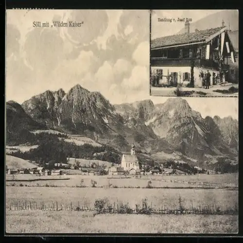 AK Söll, Handlung v. Josef Rott, Totalansicht, Wilder Kaiser