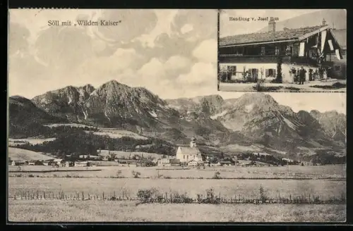 AK Söll, Handlung v. Josef Rott, Totalansicht, Wilder Kaiser