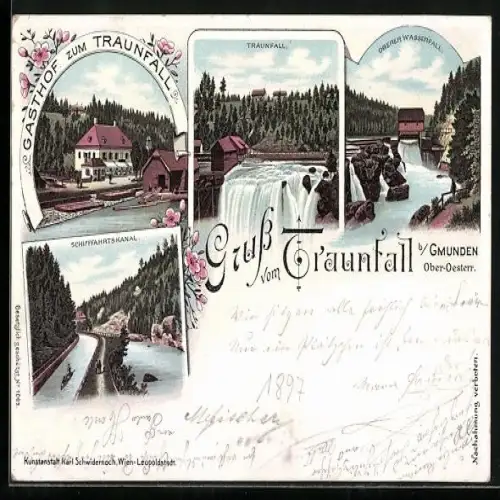 Lithographie Roitham am Traunfall, Schifffahrtskanal, Oberer Wasserfall