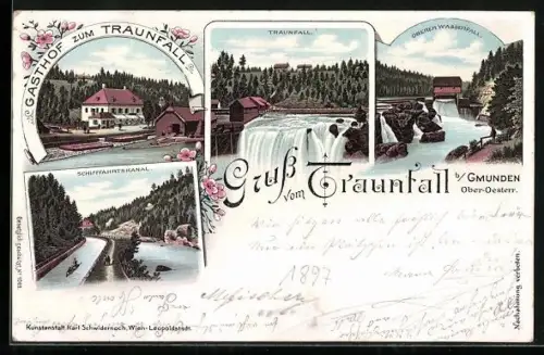 Lithographie Roitham am Traunfall, Schifffahrtskanal, Oberer Wasserfall