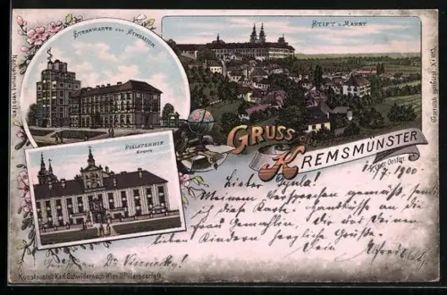 Lithographie Kremsmünster, Sternwarte u. Gymnasium, Prälatenhof, Stift u. Markt