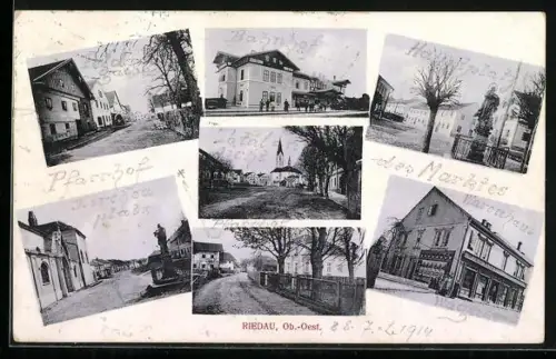 AK Riedau /Ob.-Oest., Bahnhof, Warenhaus, Denkmal, Kirche