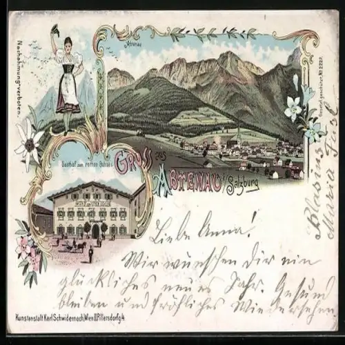 Lithographie Abtenau, Gasthof zum rothen Ochsen, Totalansicht