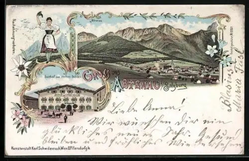 Lithographie Abtenau, Gasthof zum rothen Ochsen, Totalansicht