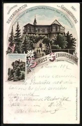 Lithographie Bregenz a. Bodensee, Restaurant Gebhardsberg, Wallfahrtskirche auf dem Berg