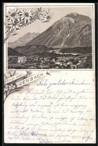Lithographie Jenbach, Ortsansicht aus der Vogelschau