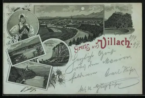 Lithographie Villach, Gesamtansicht, Gailtalerin, Landskron, Leonhard-See, St. Martin