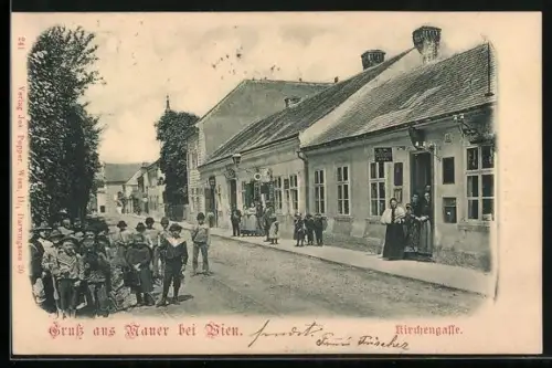 AK Mauer b. Wien, Postamt, Kirchengasse mit Passanten