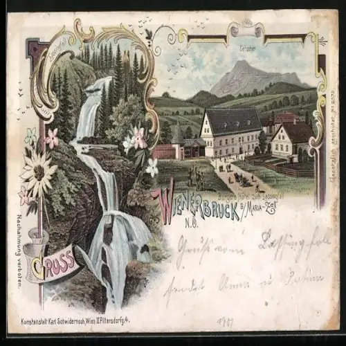 Lithographie Wienerbruck b. Maria-Zell /N. Ö., Burgers Hotel zum Lassingfall, Lassingfall, Oetscher