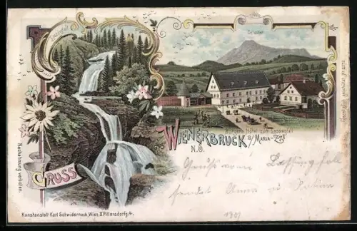 Lithographie Wienerbruck b. Maria-Zell /N. Ö., Burgers Hotel zum Lassingfall, Lassingfall, Oetscher