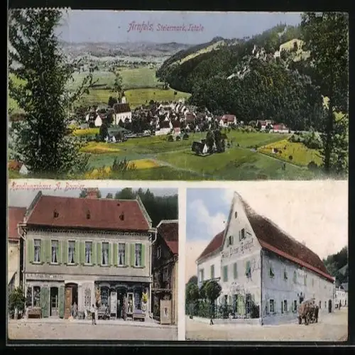 AK Arnfels /Steiermark, Gasthof Anton Ortner, Handlungshaus A. Bouvier, Totalansicht