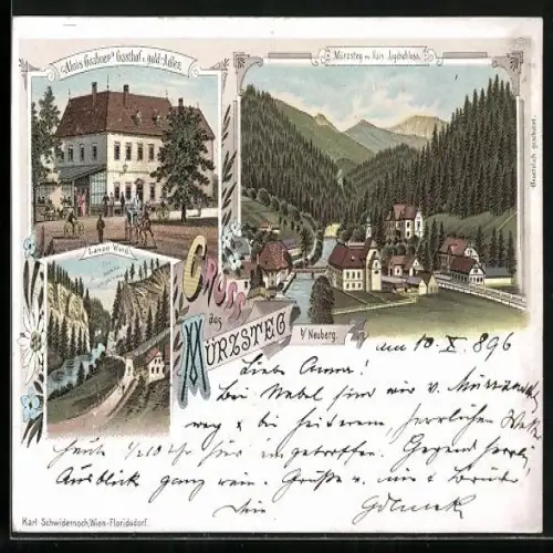 Lithographie Mürzsteg b. Neuberg, Alois Grabners Gasthof z. gold. Adler, Kais. Jagdschloss