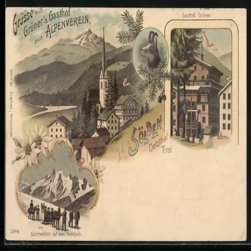 Lithographie Sölden, Ortsansicht mit Gasthof Grüner