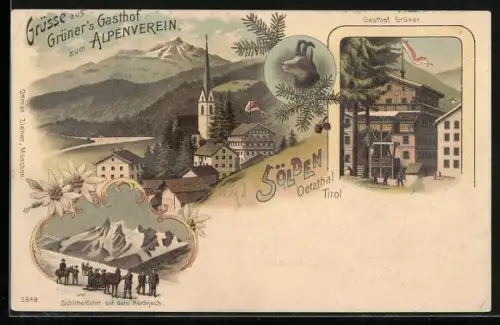 Lithographie Sölden, Ortsansicht mit Gasthof Grüner