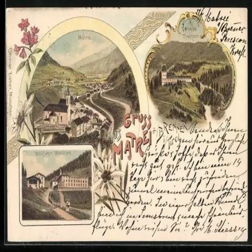 Lithographie Matrei, Schloss Trautson, Wallfahrt-Waldrast, Totalansicht