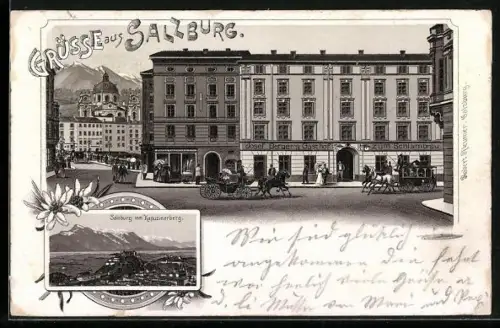 Lithographie Salzburg, Josef Bergers Gasthof zum Schlambräu, Ortsansicht