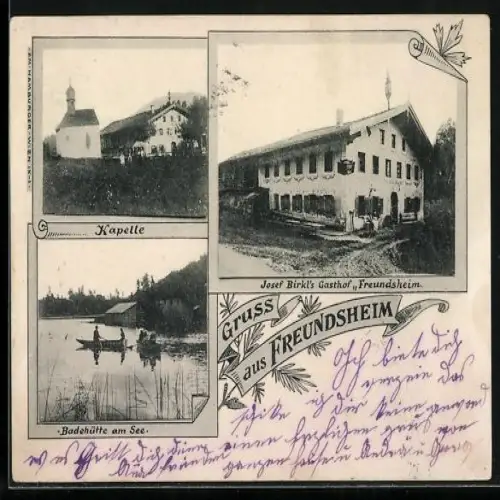 AK Kramsach, Gruss aus Freundsheim, Josef Birkls Gasthof Freundsheim, Kapelle, Badehütte am See