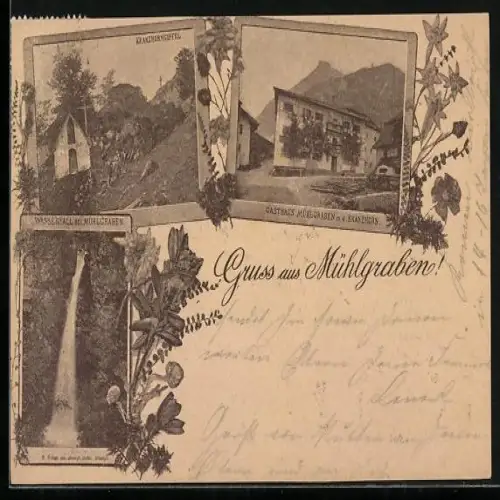 AK Erl /Tirol, Gruss aus Mühlgraben, Gasthaus Mühlgraben m. d. Kranzhorn, Wasserfall
