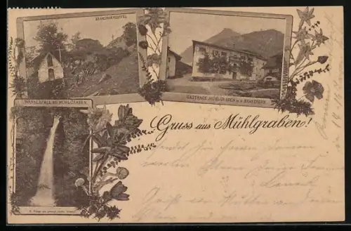 AK Erl /Tirol, Gruss aus Mühlgraben, Gasthaus Mühlgraben m. d. Kranzhorn, Wasserfall