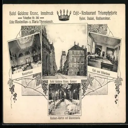 Lithographie Innsbruck, Hotel Goldene Krone, Cafe und Billardsaal, Konzertsaal