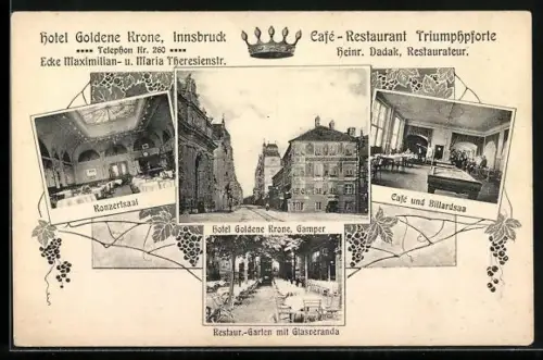 Lithographie Innsbruck, Hotel Goldene Krone, Cafe und Billardsaal, Konzertsaal