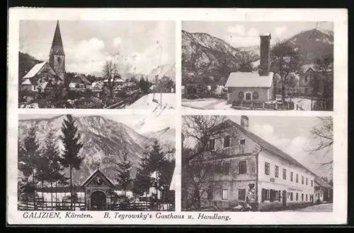 AK Gallizien /Kärnten, B. Teyrowskys Gasthaus u. Handlung, Kirche, Ortsansicht