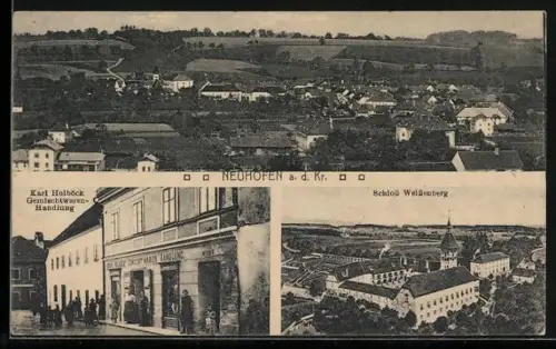 AK Neuhofen an der Krems, Gemischtwarenhandlung Karl Holböck, Schloss Weissenberg, Ortsansicht