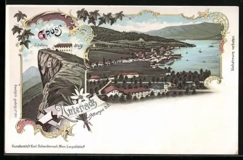 Lithographie Unterach am Attersee, Schafberg, Ortsansicht aus der Vogelschau