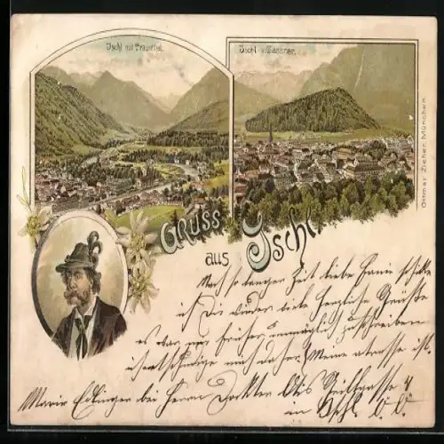 Lithographie Ischl, Ortsansicht mit Traunthal