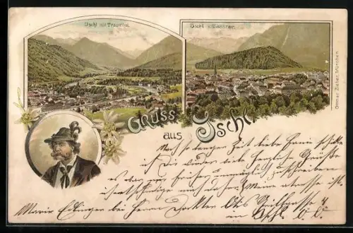 Lithographie Ischl, Ortsansicht mit Traunthal