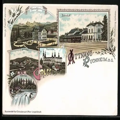 Lithographie Attnang-Puchheim, Bahnhof, Bahnhof-Hotel, Traunfall, Eisenbahn