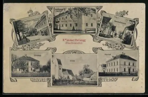 AK Pasching, Wiesleitners Gasthof, Gerstmayrs Gemischtwarenhandlung, Bahnhofstrasse