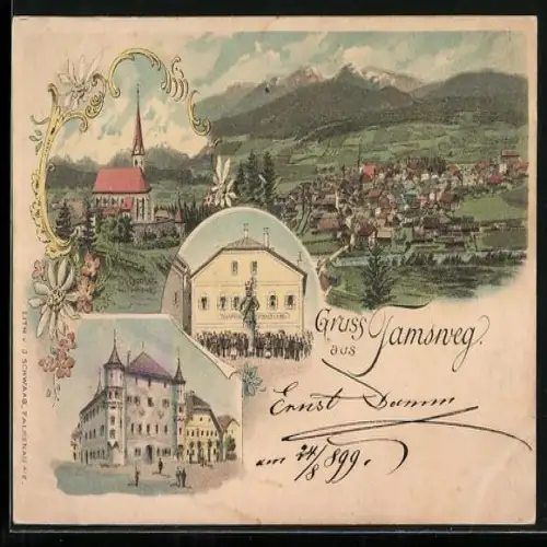 Lithographie Tamsweg, St. Leonhard, Ortspartie, Totalansicht