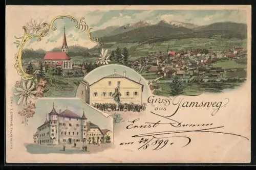 Lithographie Tamsweg, St. Leonhard, Ortspartie, Totalansicht