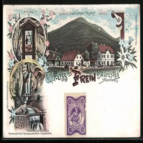 Lithographie Frein, Adolf Mayers Gasthof, Wasserfall zum Todten Weib