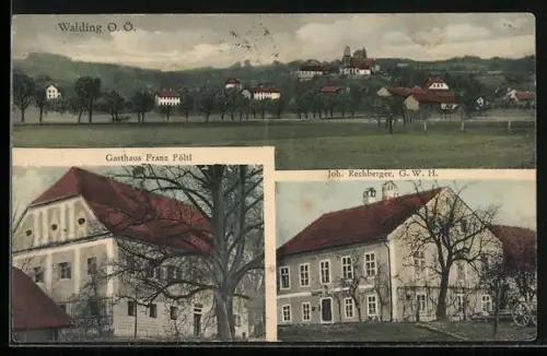 AK Walding /O. Ö., Gasthaus Franz Pöltl, Gemischtwarenhandlung von Joh. Rechberger