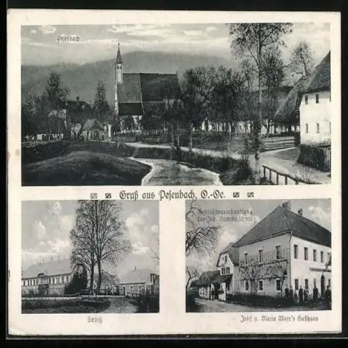 AK Feldkirchen an der Donau, Pesenbach, Gasthaus Mayr, Gemischtwarenhandlung Joh. Hammerschmid, Schloss