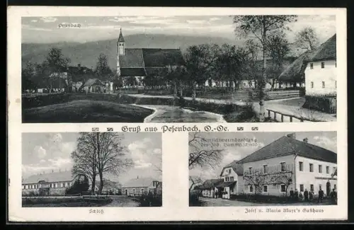 AK Feldkirchen an der Donau, Pesenbach, Gasthaus Mayr, Gemischtwarenhandlung Joh. Hammerschmid, Schloss