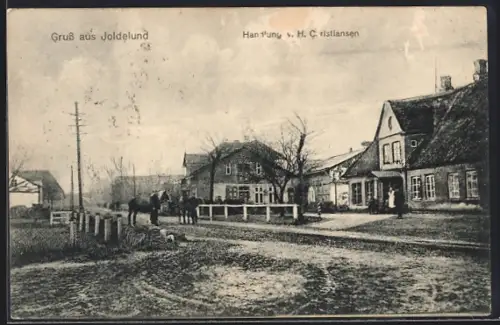 AK Joldelund, Handlung v. H. Christiansen mit Strassenpartie
