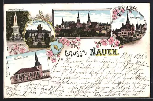 Lithographie Nauen / Havel, St. Jacobi Kirche, Königsplatz, Krieger-Denkmal