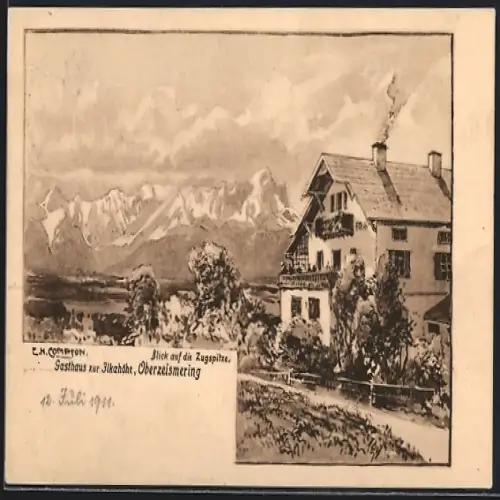 Künstler-AK Oberzeismering, Gasthaus Ilkahöhe mit Blick auf die Zugspitze