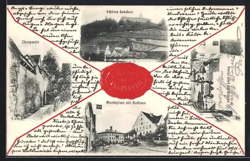 AK Pleinfeld, Gasthaus z. Stein, Thorpartie, Schloss Sandsee, Marktplatz mit Rathaus, Partie über der Brücke