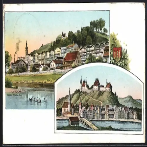 Künstler-AK Eugen Felle: Trostberg, Alte Ansicht der Stadt mit Burg