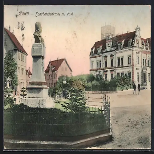 AK Aalen, Schubartdenkmal mit Post