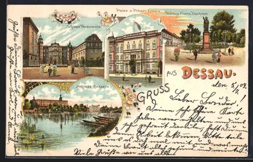 Lithographie Dessau, Partien am Schloss, Herzog Franz Denkmal