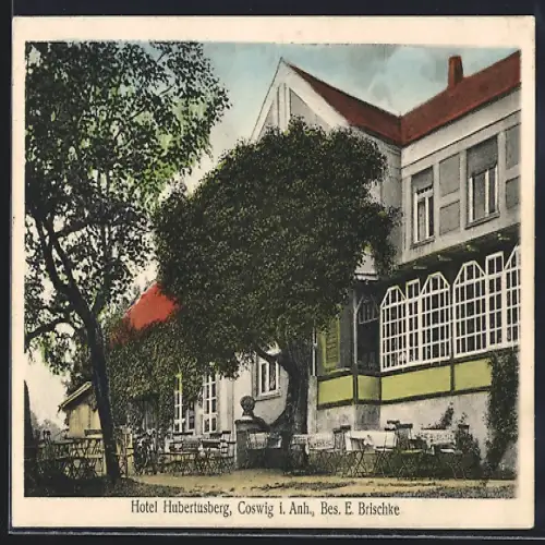 AK Coswig / Anhalt, Hotel Hubertusberg von E. Brischke mit Garten