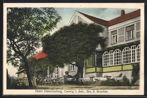 AK Coswig / Anhalt, Hotel Hubertusberg von E. Brischke mit Garten