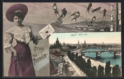 AK Dresden, Strassenbahn am Fluss mit Blick auf die Brücke, Frau mit Brief und Schwalben